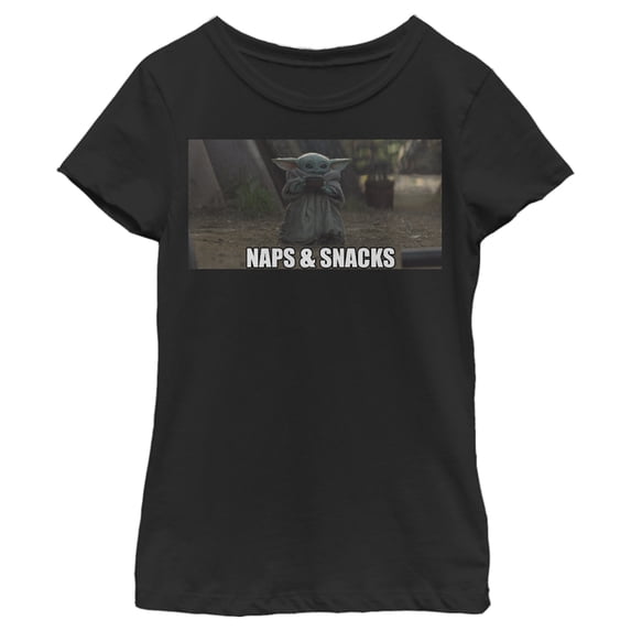 Girl's Star Wars: The Mandalorian Grogu Naps & Snacks Meme Graphic Tee Black X Small