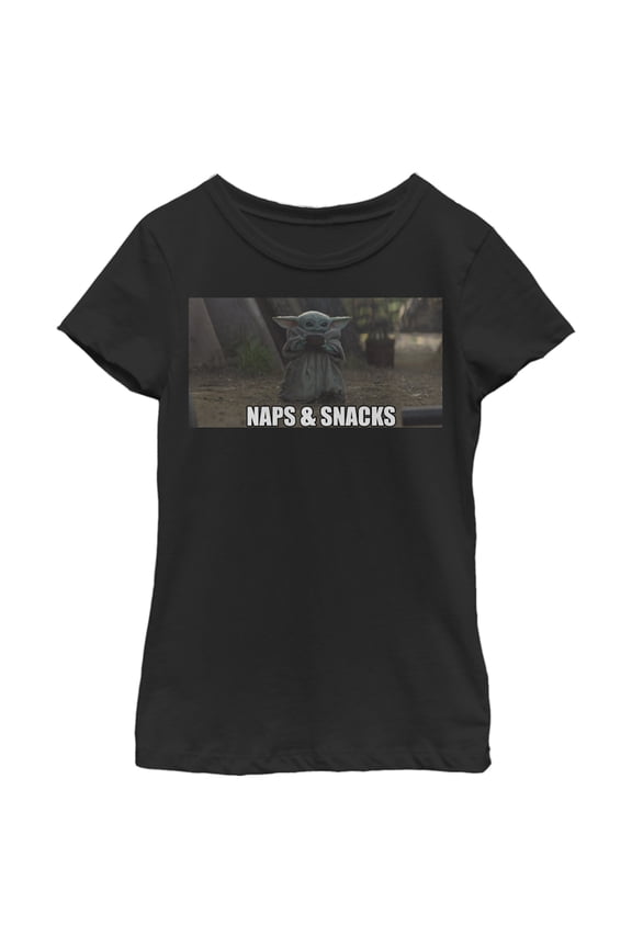 Girl's Star Wars: The Mandalorian Grogu Naps & Snacks Meme Graphic Tee Black X Small