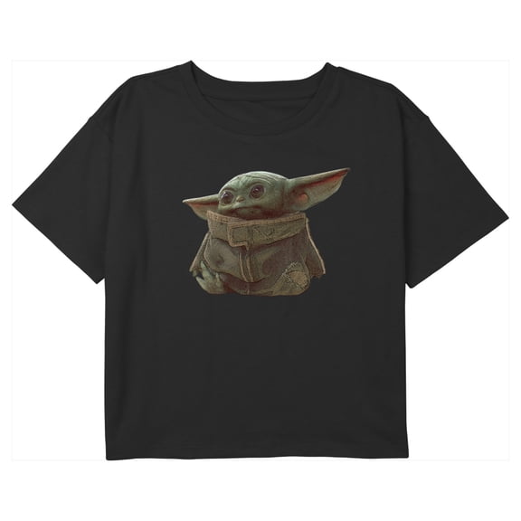 Girl's Star Wars: The Mandalorian Grogu Realistic Portrait Graphic Cropped T-Shirt Black X Small