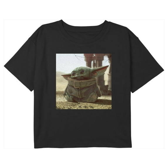 Girl's Star Wars: The Mandalorian Grogu Square Frame Graphic Cropped T-Shirt Black X Small