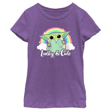 Girl's Star Wars: The Mandalorian Grogu St. Patrick's Day Rainbow Lucky and Cute  Graphic Tee Purple Berry X Large