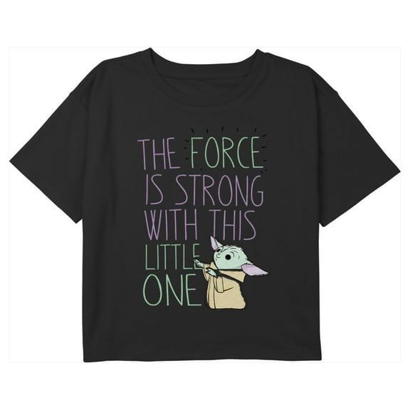 Girl's Star Wars: The Mandalorian Grogu The Force is Strong Graphic Cropped T-Shirt Black Medium