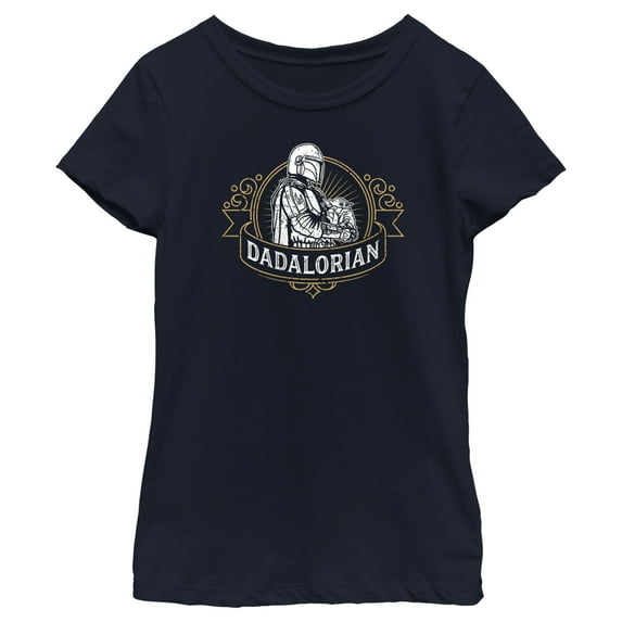 Girl's Star Wars: The Mandalorian Grogu and Din Djarin Dadalorian Banner Sketch Graphic Tee Navy Blue Medium