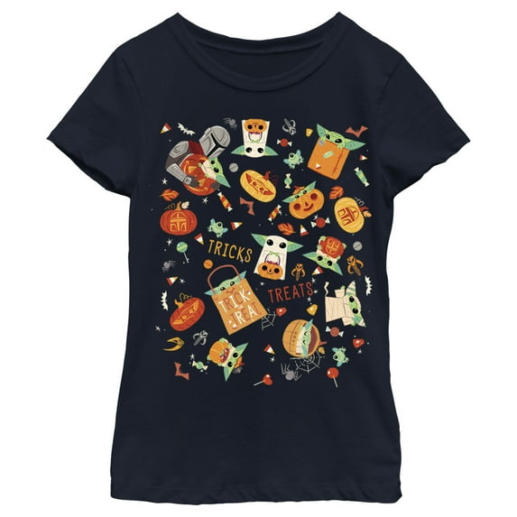Girl's Star Wars: The Mandalorian Halloween Candy Collage Graphic Tee Navy Blue Large