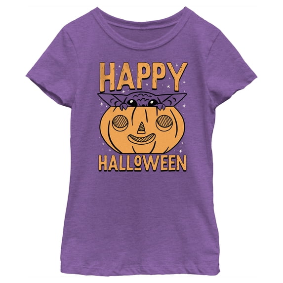 Girl's Star Wars: The Mandalorian Halloween Grogu Pumpkin Peek Graphic Tee Purple Berry X Large