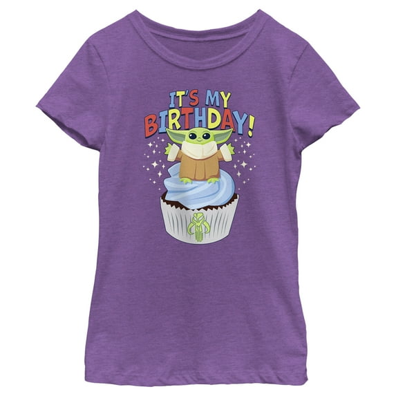 Girl's Star Wars: The Mandalorian It's My Birthday Grogu Cupcake Graphic Tee Purple Berry Large