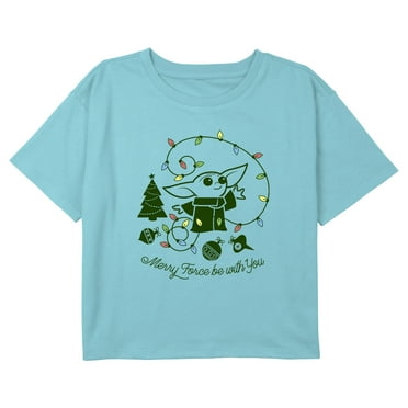 Girl's Star Wars: The Mandalorian Merry the Force Be With You Grogu Crop Graphic T-Shirt Blue Medium