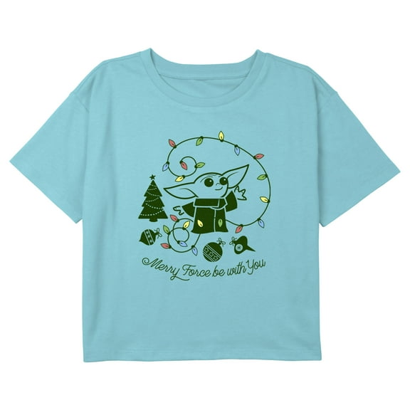 Girl's Star Wars: The Mandalorian Merry the Force Be With You Grogu Graphic Cropped T-Shirt Blue X Small