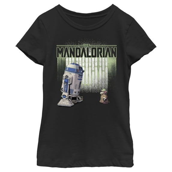 Girl's Star Wars: The Mandalorian R2-D2 and Grogu Logo Poster Graphic Tee Black Medium