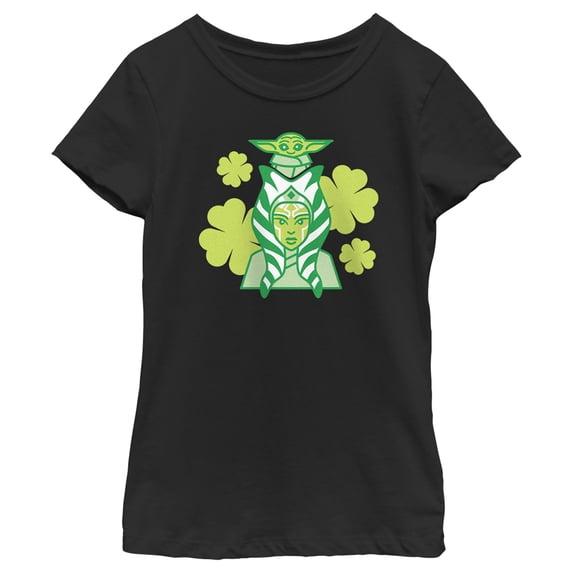 Girl's Star Wars: The Mandalorian St. Patrick's Day Ahsoka Tano and Grogu Graphic Tee Black X Small