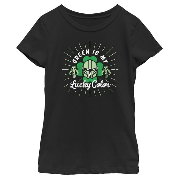 Girl's Star Wars: The Mandalorian St. Patrick's Day Din Djarin Green is my Lucky Color Graphic Tee Black X Large