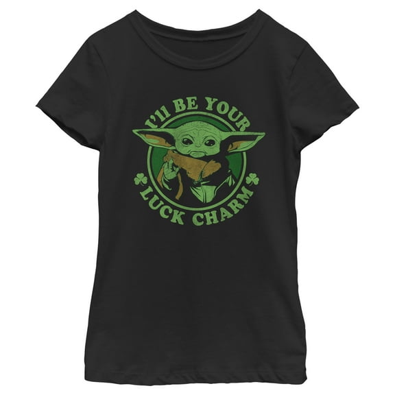 Girl's Star Wars: The Mandalorian St. Patrick's Day Grogu I'll be your Lucky Charm Graphic Tee Black Medium