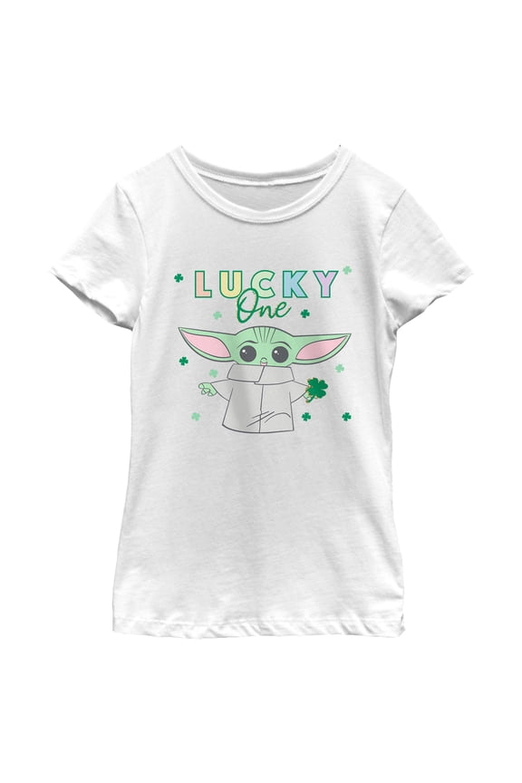Girl's Star Wars: The Mandalorian St. Patrick's Day Grogu Lucky One Shamrock Graphic T-Shirt