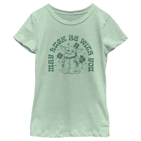 Girl's Star Wars: The Mandalorian St. Patrick's Day Grogu May Luck be with You Retro Graphic Tee Mint Small
