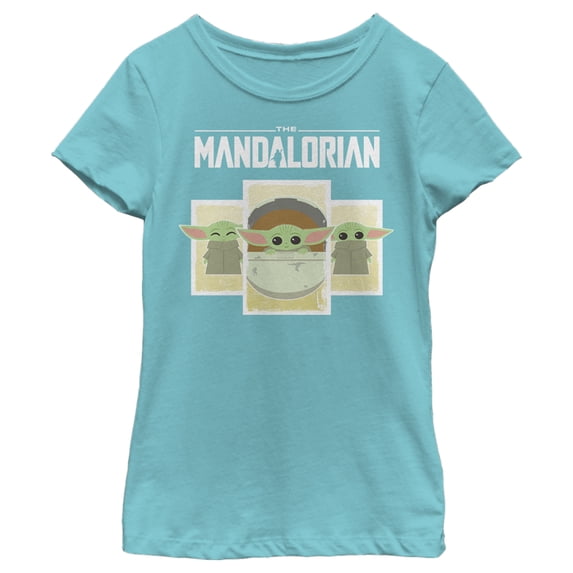 Girl's Star Wars: The Mandalorian The Child Cartoon Cards Graphic Tee Tahiti Blue Medium