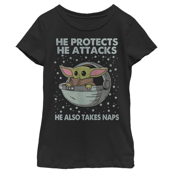 Girl's Star Wars: The Mandalorian The Child Protects Attacks Naps Graphic Tee Black Small