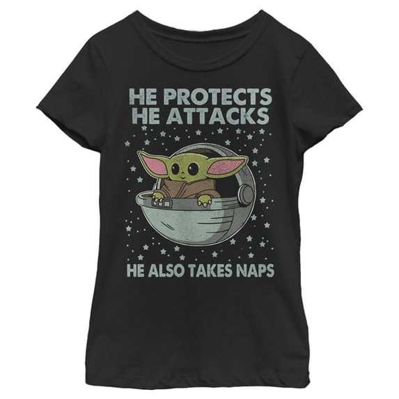Girl's Star Wars: The Mandalorian The Child Protects Attacks Naps Graphic Tee Black X Small