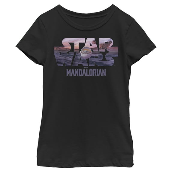 Girl's Star Wars: The Mandalorian The Child Sunset Logo Graphic Tee Black Large