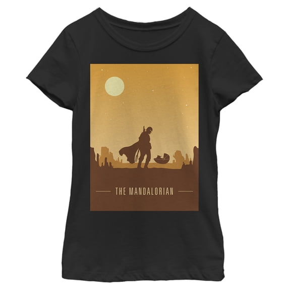 Girl's Star Wars: The Mandalorian The Child and Bounty Hunter Silhouette Desert Graphic Tee Black Large