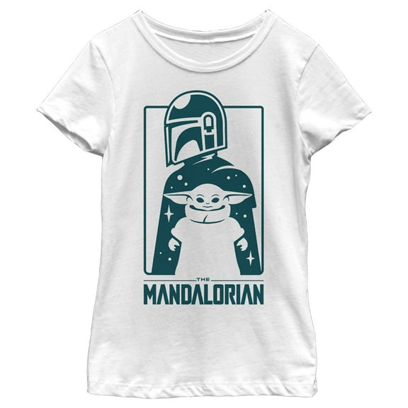Girl's Star Wars: The Mandalorian The Child and Bounty Hunter Silhouette Graphic Tee White Medium