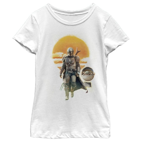 Girl's Star Wars: The Mandalorian The Child and Mando Walking Sunset Graphic Tee White Large