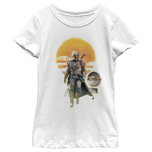 Girl's Star Wars: The Mandalorian The Child and Mando Walking Sunset  Graphic Tee White Small