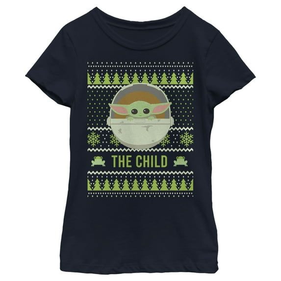 Girl's Star Wars: The Mandalorian Ugly Christmas The Child Frog Graphic Tee Navy Blue Medium