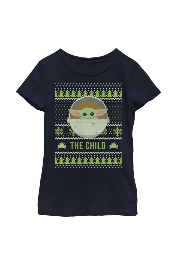 Girl's Star Wars: The Mandalorian Ugly Christmas The Child Frog Graphic Tee Navy Blue X Small