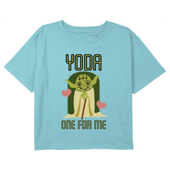 Girl's Star Wars Valentine's Day Cute Yoda One for Me Graphic Cropped T-Shirt Blue Large