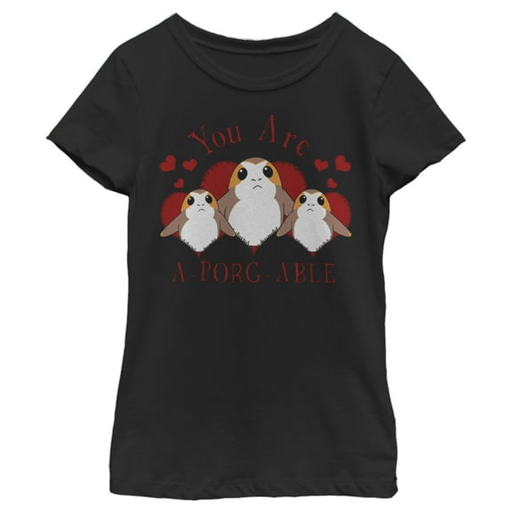 Girl's Star Wars Valentine's Day You Are A-Porg-Able  Graphic Tee Black Small