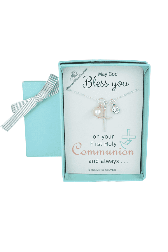 Sterling Silver Cross with a Crystal Pearl on a 16 Inch Sterling Cable Chain. First Communion Gift.