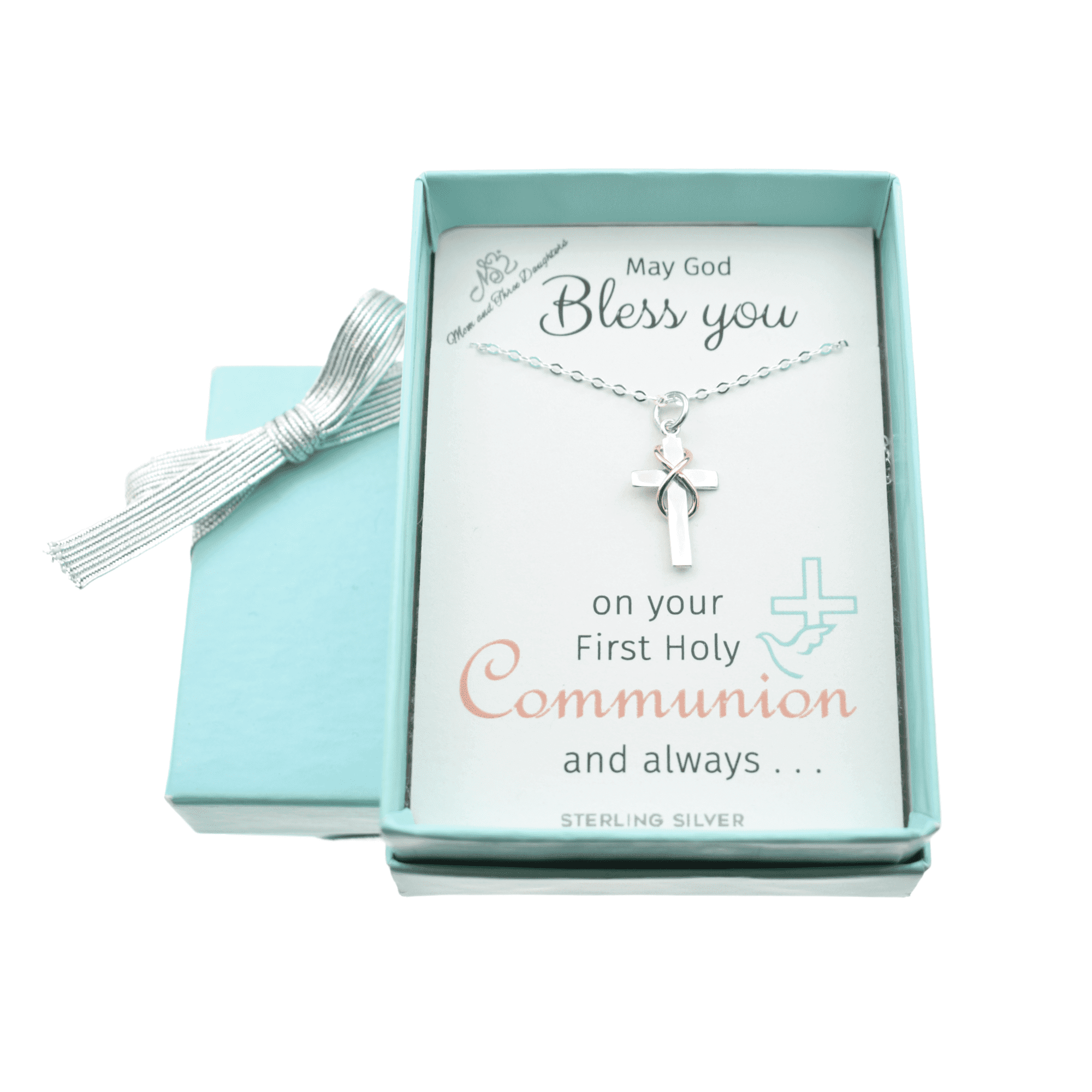 Sterling Silver and Natural Bronze Cross on a 16 inch cable Chain. First Communion Gift.