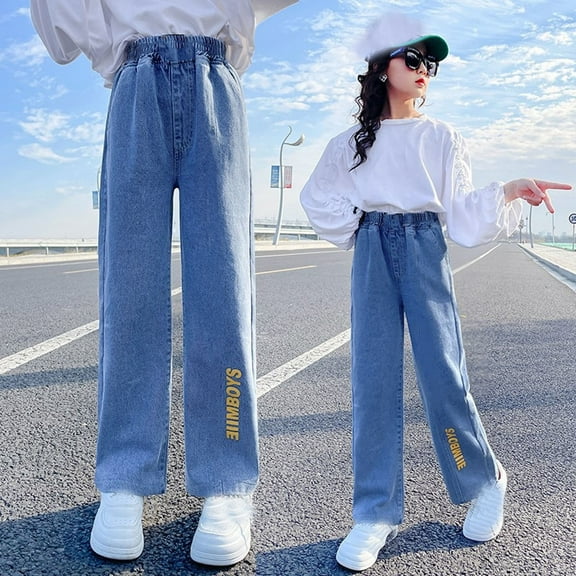 Girl's Streetwear Denim Cargo Pants Casual Wide Leg Vintage Plain Pants Multiple Pockets for Girls