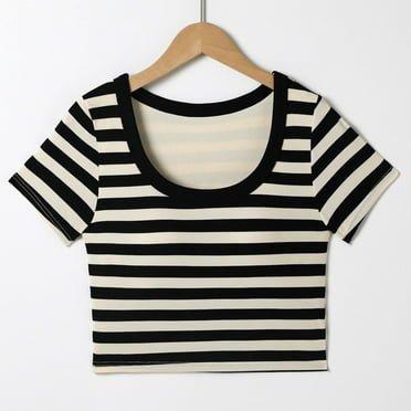 Girl's Striped Crop Top Summer Short Sleeve Color Block T-Shirts with Chest Cushion Y2K Round-Neck Blouses for Kids for 14-20 Years 50% Saving