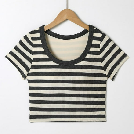 Girl's Striped Crop Top Summer Short Sleeve Color Block T-Shirts with Chest Cushion Y2K Round-Neck Blouses for Kids for 14-20 Years 50% Saving