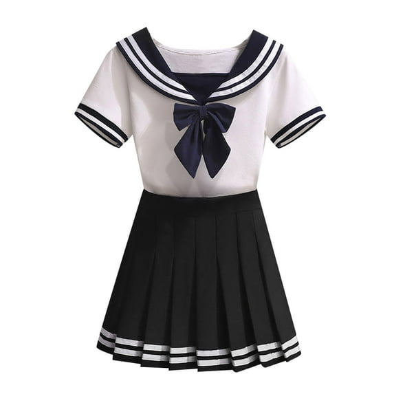 Girl's Student 2Pcs Outfits Short Sleeve T Shirt Top Pleated Skirt School Uniform