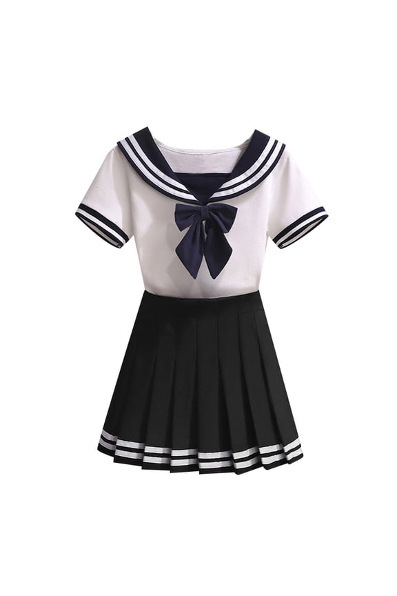 Girl's Student 2Pcs Outfits Short Sleeve T Shirt Top Pleated Skirt School Uniform