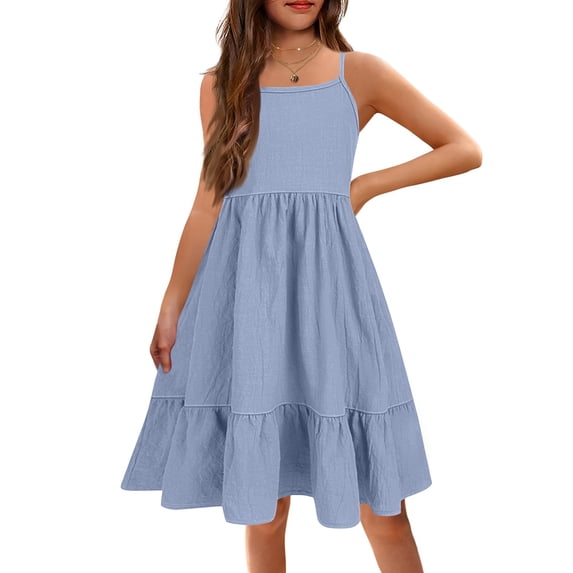 Girl's Summer Cotton Sundress Spaghetti Strap Solid Midi Dress Casual Cami Dresses