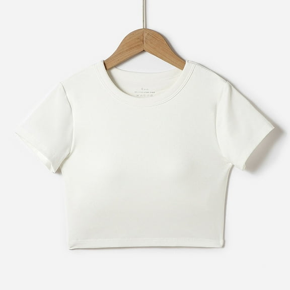 Girl's Summer Crop Top Short Sleeve Color Block T-Shirts with Chest Cushion Y2K Round-Neck Blouses for Kids for 14-19 Years