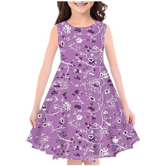 Girl's Summer Dress 4T 7-8Y Floral Sleeveless A-Line Swing Midi Sundresses Comfy Cotton Kids Gift Cute Pretty Dresses, Purple, 4 Years