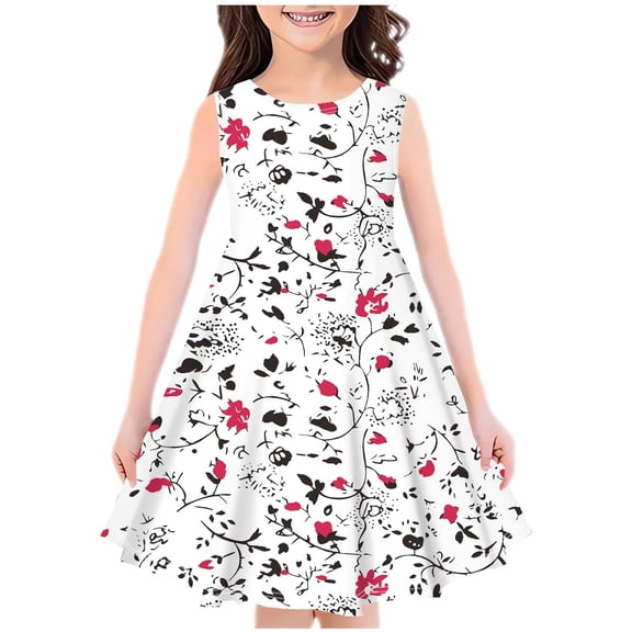 Girl's Summer Dress 4T 7-8Y Floral Sleeveless A-Line Swing Midi Sundresses Comfy Cotton Kids Gift Cute Pretty Dresses, White, 7 Years