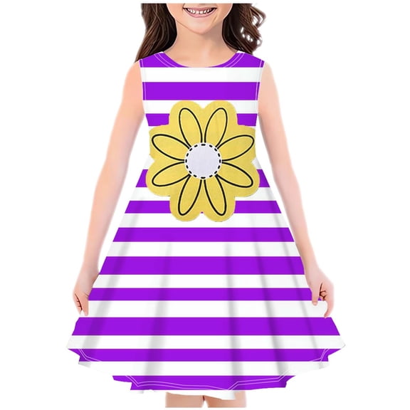 Girl's Summer Dress 4T 7-8Y Striped Floral Sleeveless A-Line Swing Midi Sundresses Comfy Cotton Kids Gift Cute Pretty Dresses, Purple, 7 Years