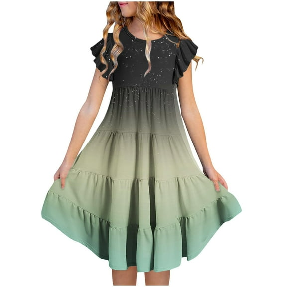 Girl's Summer Dresses Ruffle Sleeve Tiered Flowy Midi Casual Sundress, Pleated Casual Gradient Printed Skater Dress Kids Denim Mini Dress Green 6Y