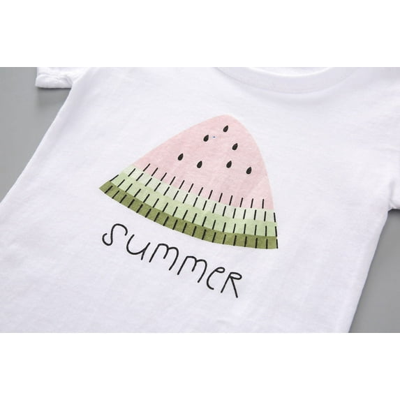 Girl's Summer Outfits Girl Watermelon Letter Print Short Sleeved T Shirt Shorts Set