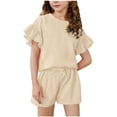 thumbnail image 1 of Girl's Summer Outfits, Ruffle Short Sleeve Tops and Elastic Waist Shorts Clothing Suit Lightweight Casual Two Piece Cute Shorts Sets Beige 14-15Y, 1 of 9