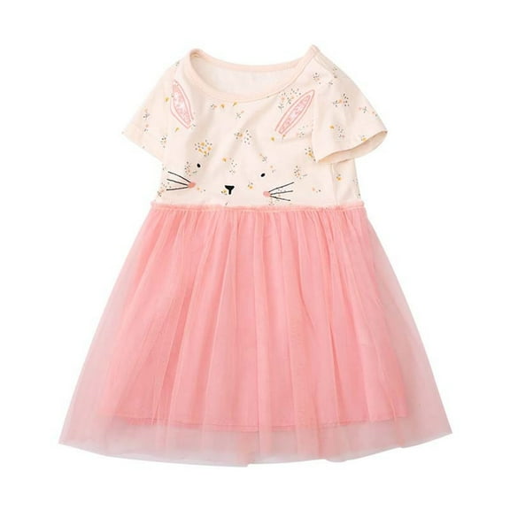Girl's Summer Pink Dresses Easter Bunny Print Lace Short Sleeve Tulle Dress Sundress 2-7T