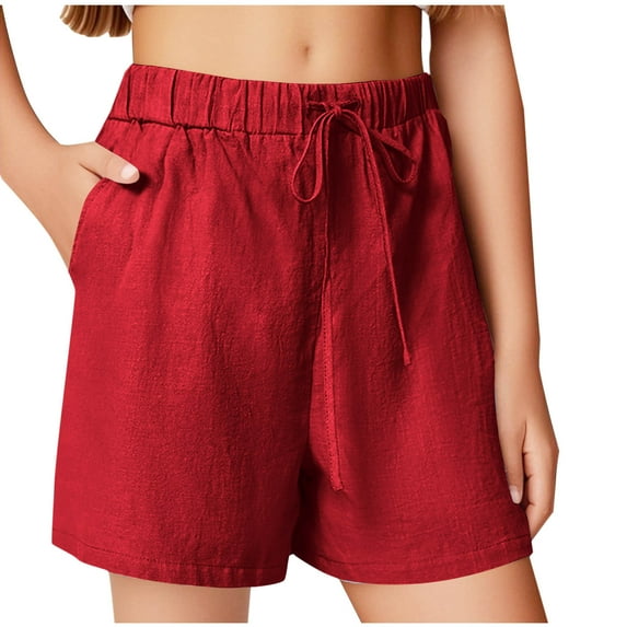 Girl's Summer Solid Color Shorts Cotton Linen Shorts with Pockets Kids Elastic Waist Shorts Casual Sports Wear Girl Athletic Shorts Clearance