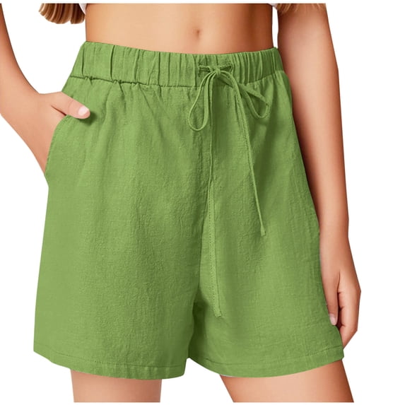 Girl's Summer Solid Color Shorts Cotton Linen Shorts with Pockets Kids Elastic Waist Shorts Casual Sports Wear Girls Shorts Size 10-12