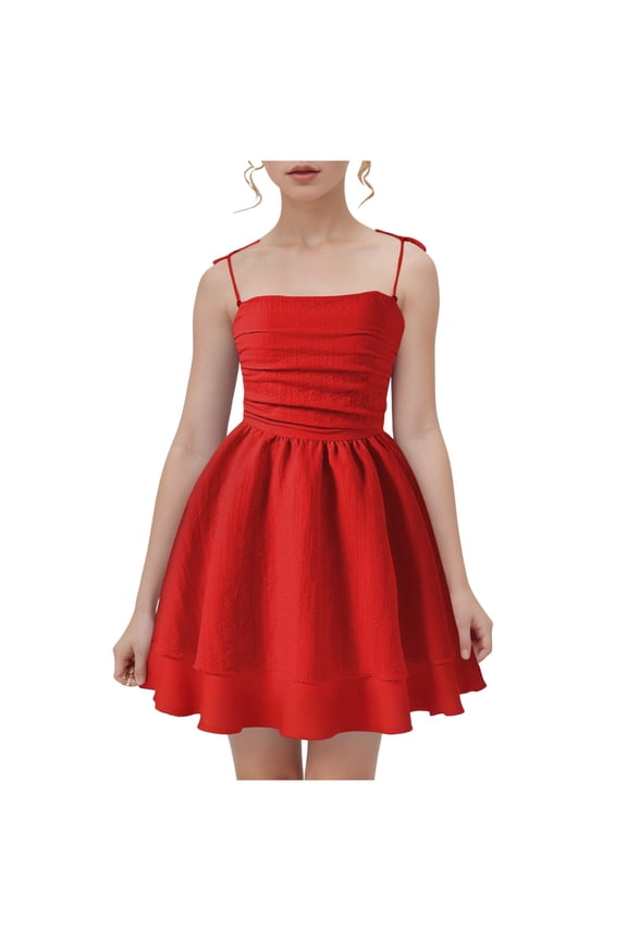Girl's Summer Spaghetti Straps Smocked Ruched A Line Swing Dress Layered Tie Shoulder Flowy Cami Party Dresses Red