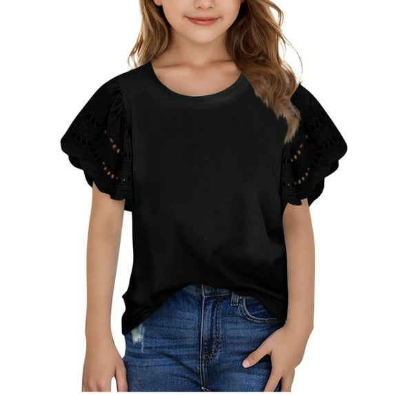 Girl's Summer Tops Soft Cotton Crew Neck Hollow-out Ruffled Short Sleeve Tees 3-14 Years Solid Cute Blouses (9 Years, Black)